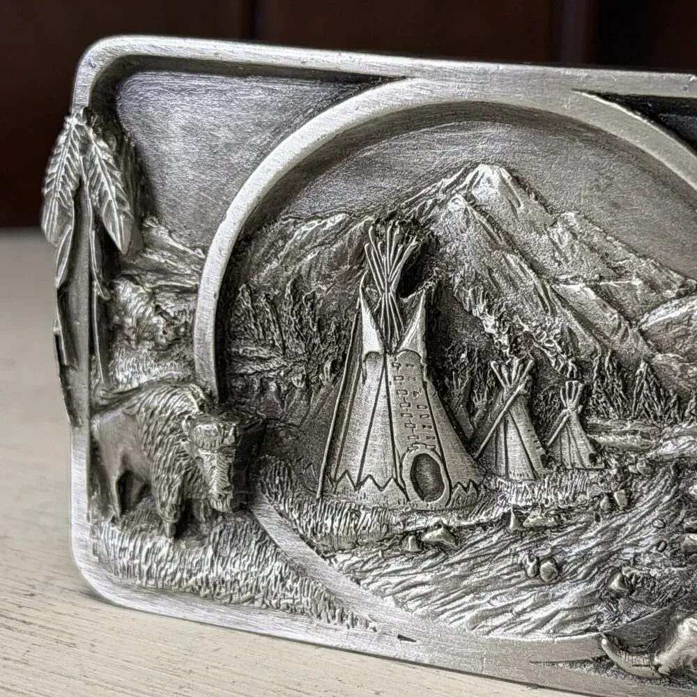 Vintage 1983 Siskiyou Native American Indian Pewter Belt Buckle Williams Oregon